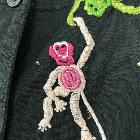 Michael Simon Lite Button-Front Cotton Cardigan w Beaded & Embroidered Monkeys - Picture 9 of 11